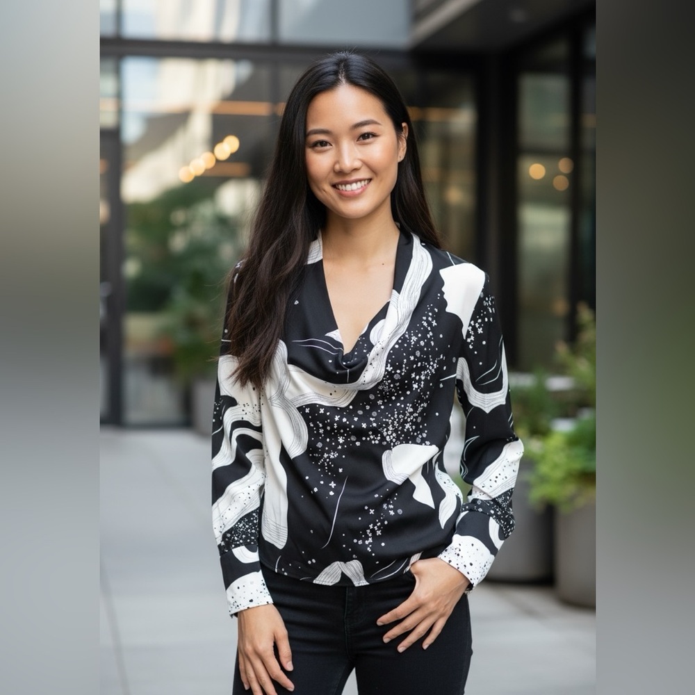 CHICME Vintage Y2K black and ivory abstract print deep plunge front blouse SZ S